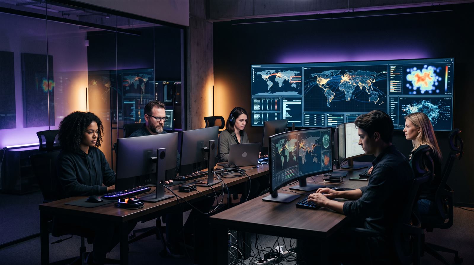Analisten van Vigil aan het werk in de operations floor, met dreigingskaarten op het grote scherm op de achtergrond